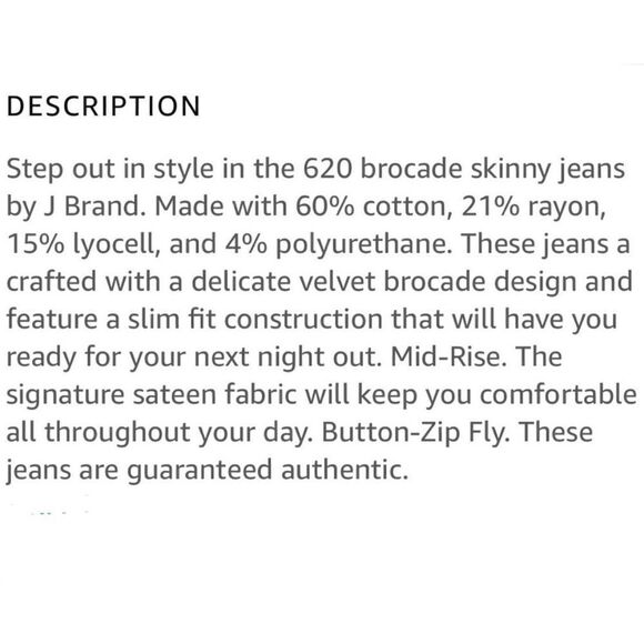 J Brand, Olive Brocade 620 Super Skinny Jean Patterned Burnout Velvet Women’s 24 - Picture 15 of 16